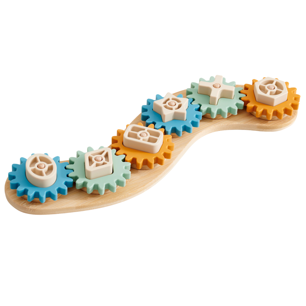 A soft silicone puzzle featuring interlocking gears in neutral tones, designed to promote sensory play and problem-solving skills.