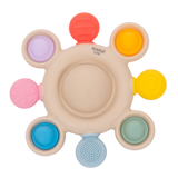 A vibrant silicone teether with popping textures, designed to soothe and engage babies while promoting sensory and tactile development.
