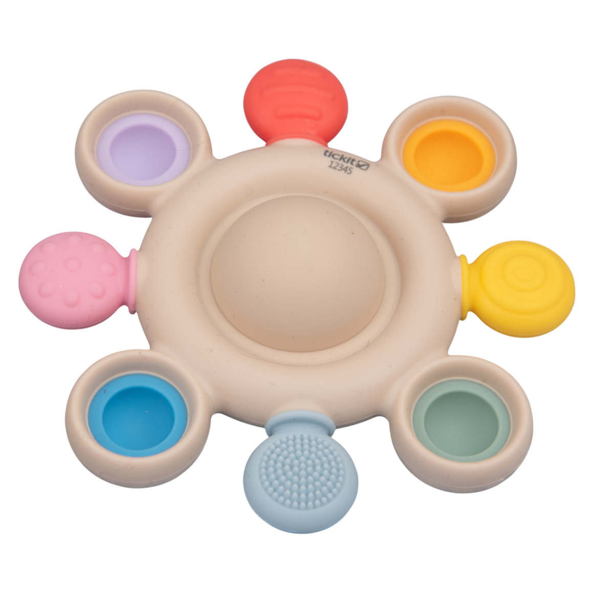 A vibrant silicone teether with popping textures, designed to soothe and engage babies while promoting sensory and tactile development.