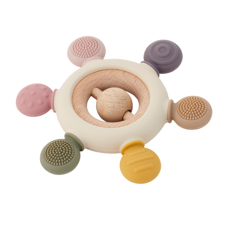 A soft silicone teether with a built-in rattle, designed in earthy tones to soothe and engage babies while promoting sensory development.