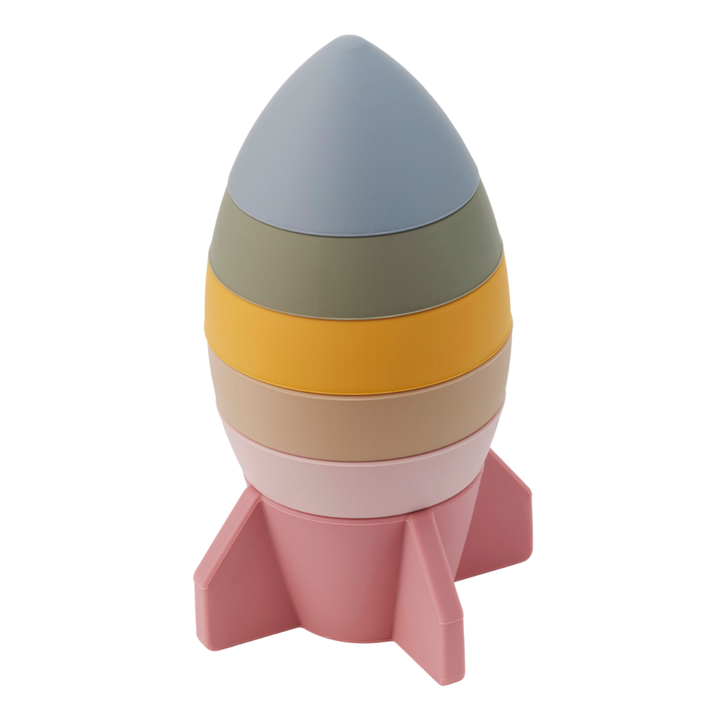 A soft silicone stacking toy in earthy tones, shaped like a rocket, designed to encourage sensory exploration and fine motor skills.