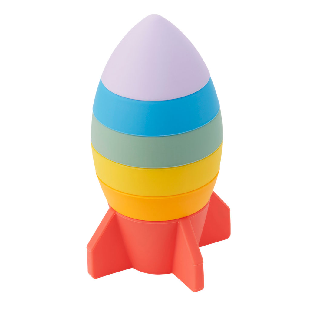 A soft and colorful silicone stacking toy shaped like a rocket, designed to support sensory play and motor skill development.