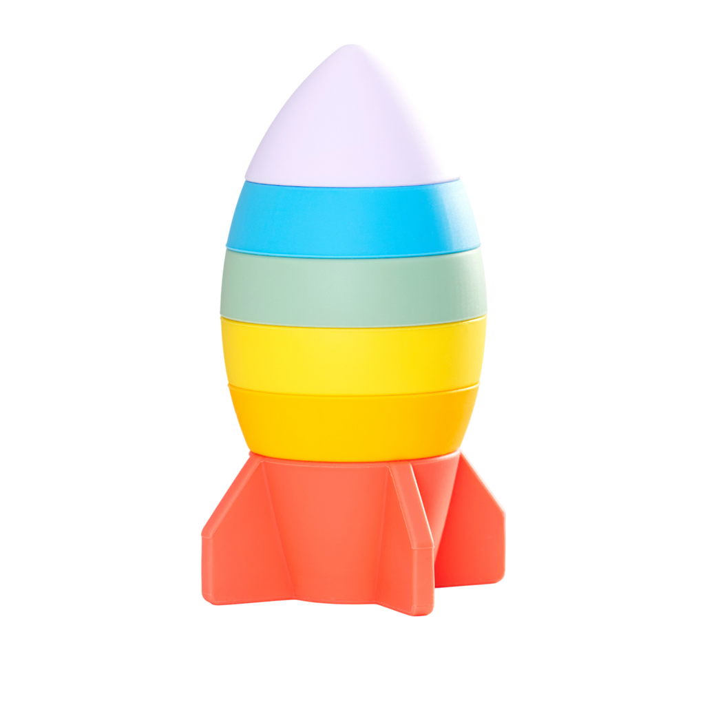 A soft and colorful silicone stacking toy shaped like a rocket, designed to support sensory play and motor skill development.