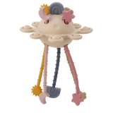A soft silicone pull toy in earthy tones with textured zip-like ridges, designed to enhance sensory exploration and fine motor skills in young children.