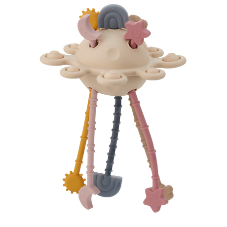 A soft silicone pull toy in earthy tones with textured zip-like ridges, designed to enhance sensory exploration and fine motor skills in young children.