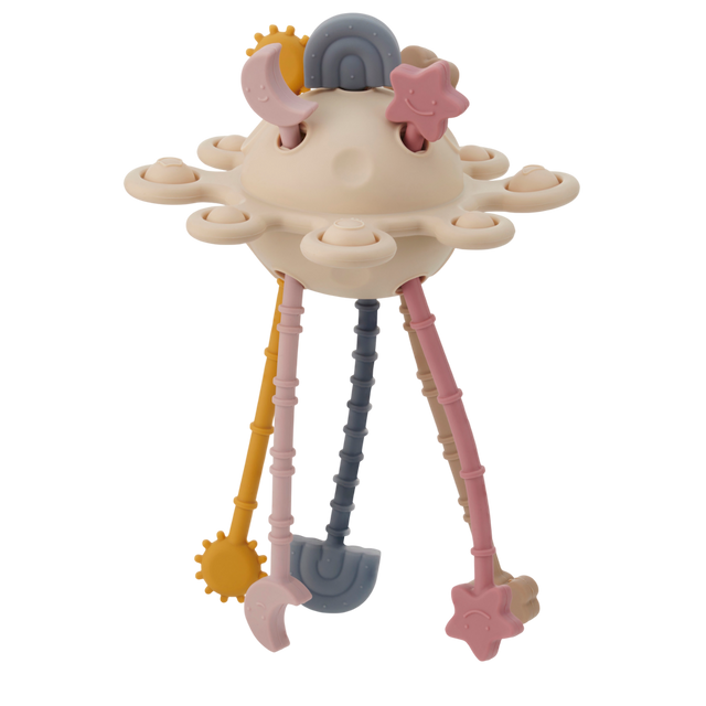 A soft silicone pull toy in earthy tones with textured zip-like ridges, designed to enhance sensory exploration and fine motor skills in young children.