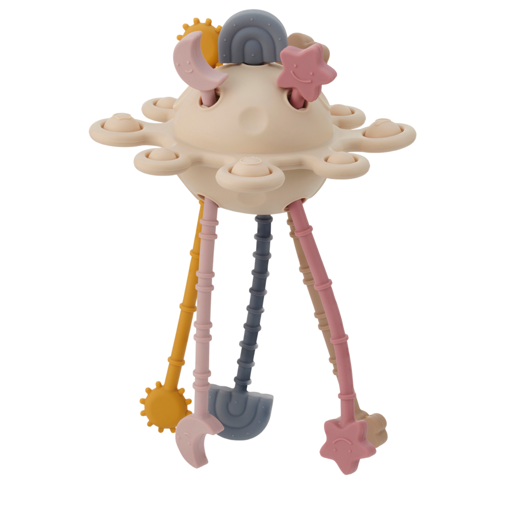 A soft silicone pull toy in earthy tones with textured zip-like ridges, designed to enhance sensory exploration and fine motor skills in young children.