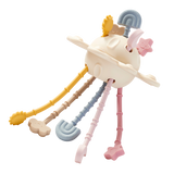 A soft silicone pull toy in earthy tones with textured zip-like ridges, designed to enhance sensory exploration and fine motor skills in young children.