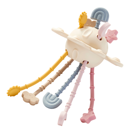 A soft silicone pull toy in earthy tones with textured zip-like ridges, designed to enhance sensory exploration and fine motor skills in young children.