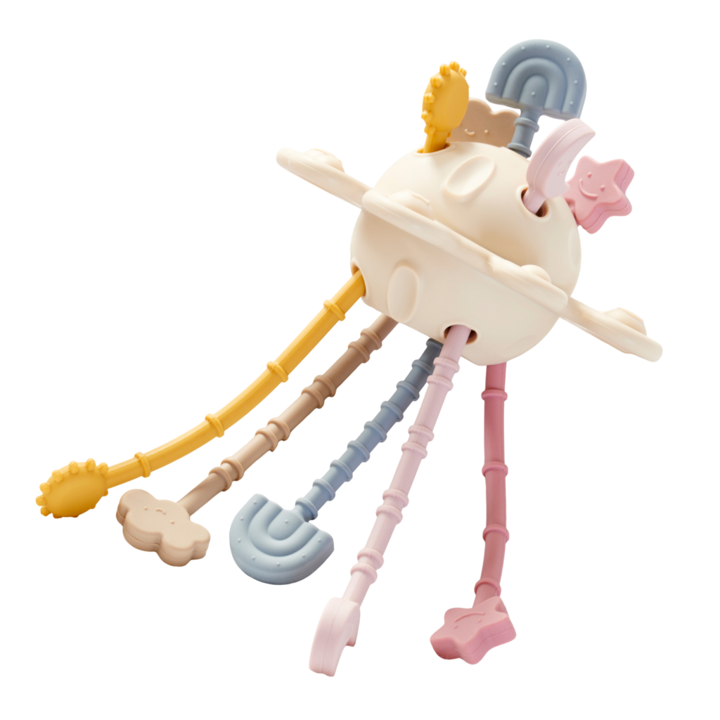 A soft silicone pull toy in earthy tones with textured zip-like ridges, designed to enhance sensory exploration and fine motor skills in young children.