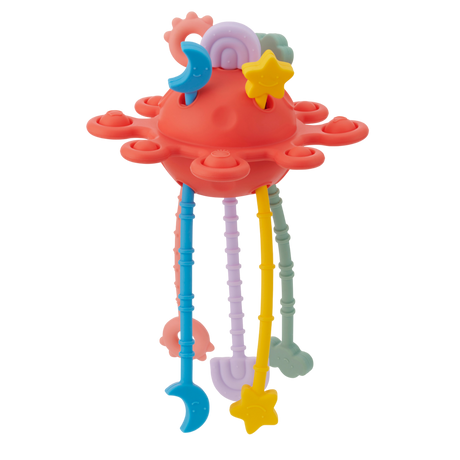 A colorful silicone pull toy with textured zip-like ridges, designed to support sensory development and fine motor skills in young children.