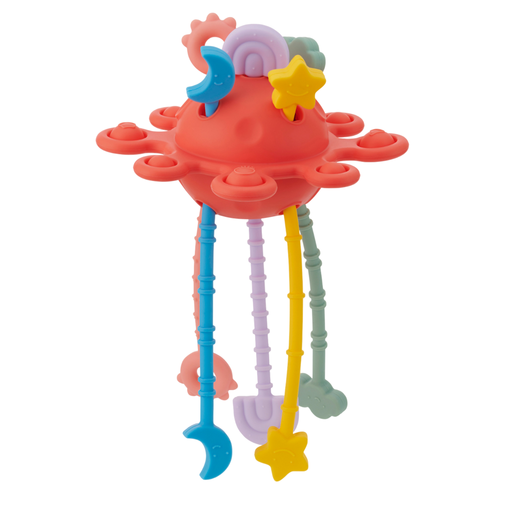 A colorful silicone pull toy with textured zip-like ridges, designed to support sensory development and fine motor skills in young children.