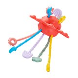 A colorful silicone pull toy with textured zip-like ridges, designed to support sensory development and fine motor skills in young children.