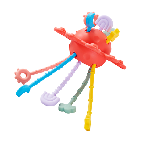 A colorful silicone pull toy with textured zip-like ridges, designed to support sensory development and fine motor skills in young children.