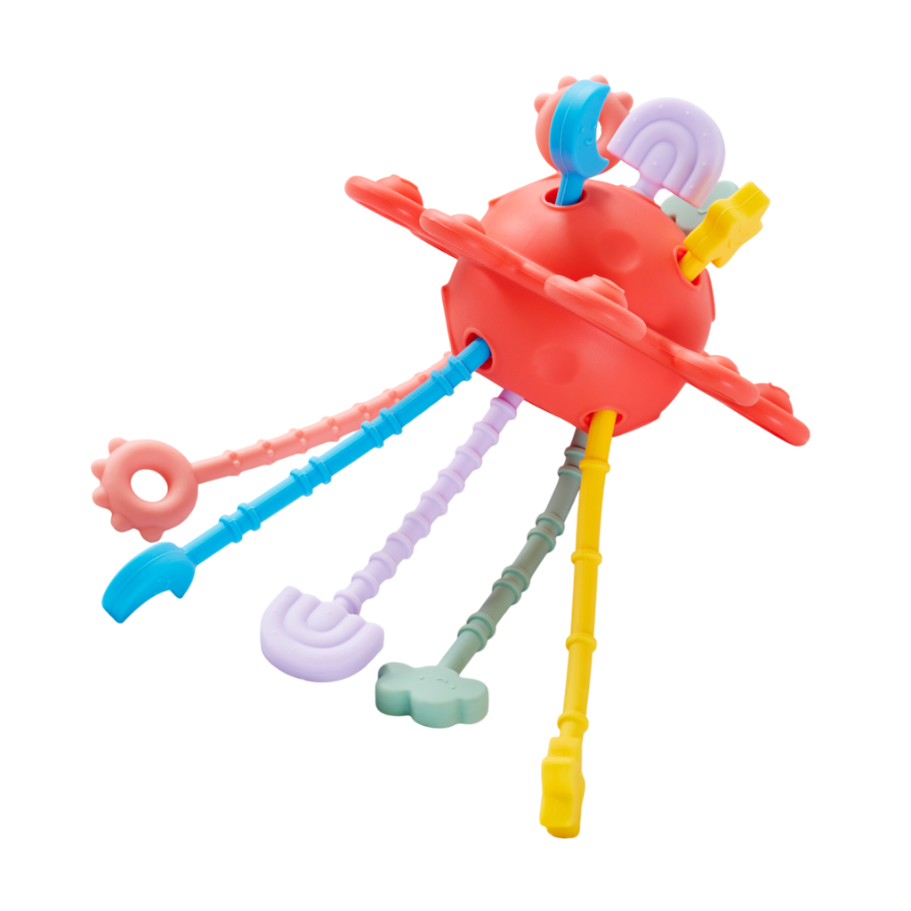 A colorful silicone pull toy with textured zip-like ridges, designed to support sensory development and fine motor skills in young children.