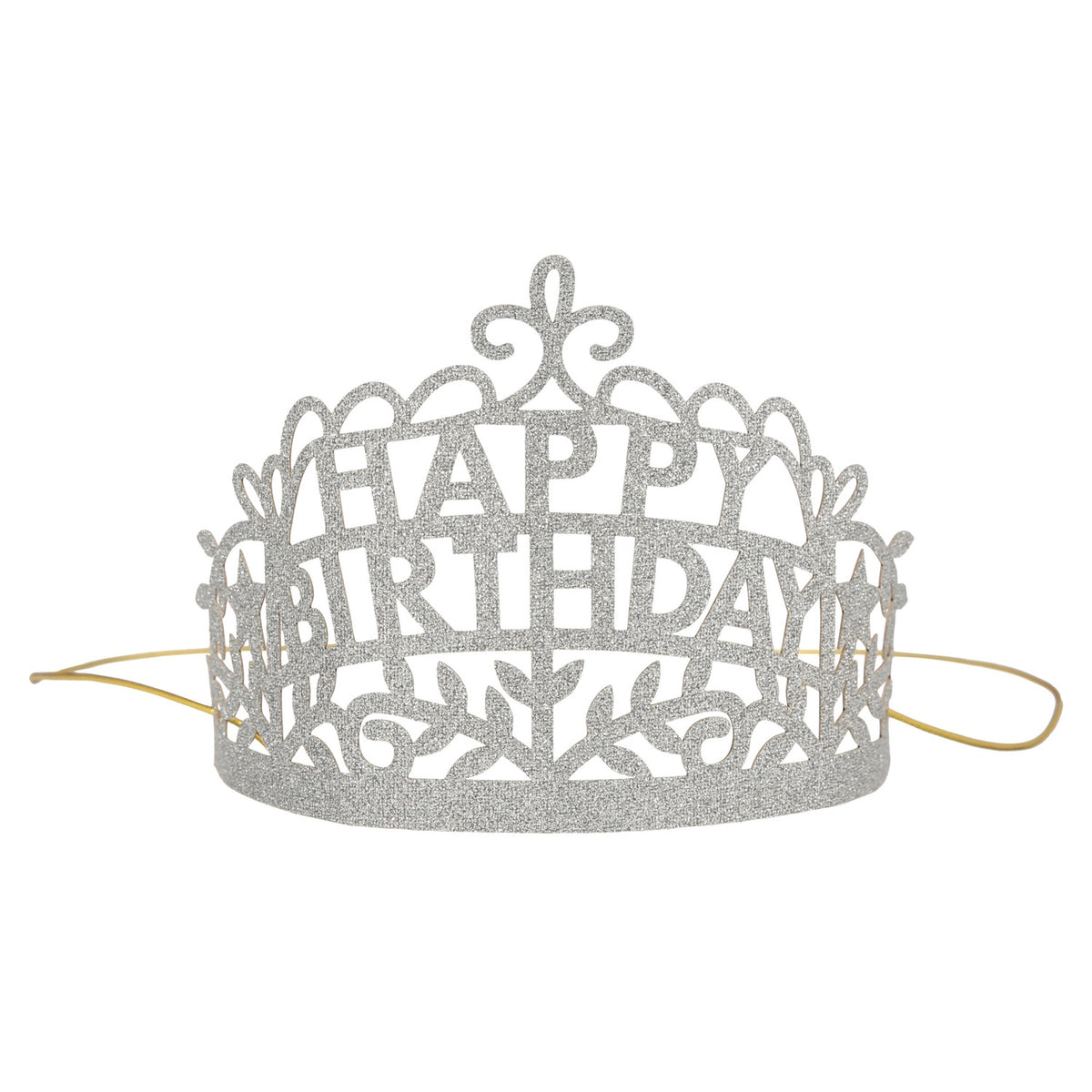 Silver glitter Happy Birthday party tiara with intricate cutouts and a gold elastic band on a white background.