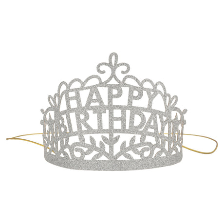Silver glitter Happy Birthday party tiara with intricate cutouts and a gold elastic band on a white background.