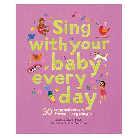 Book cover for Sing with Your Baby Every Day, featuring embroidered animals and musical notes on a pink background.