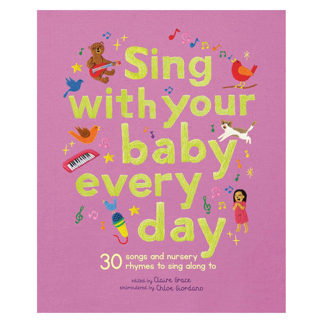 Book cover for Sing with Your Baby Every Day, featuring embroidered animals and musical notes on a pink background.