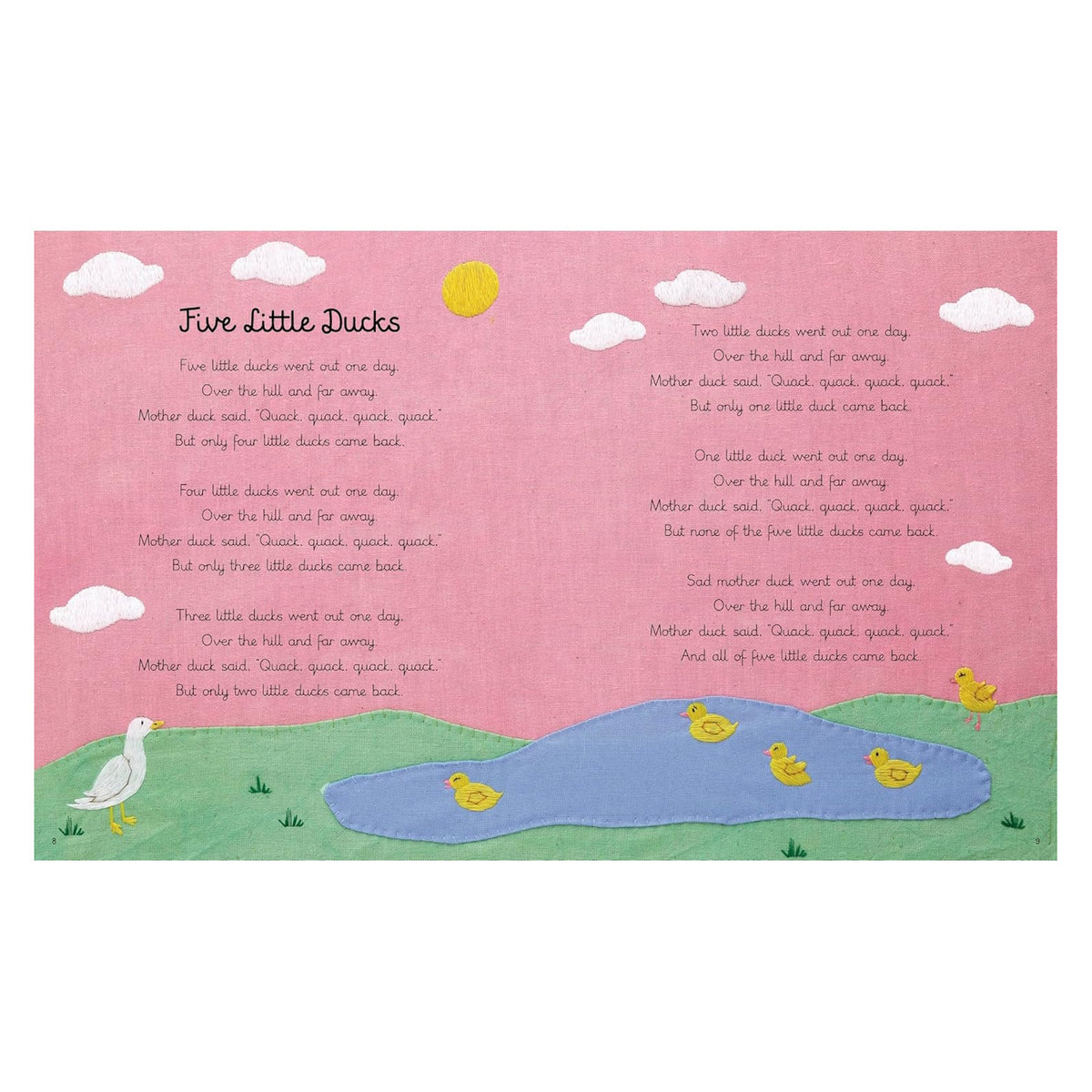 Inside page of nursery rhyme book "Five Little Ducks" with embroidered ducks, pond, and hills on a pink background.