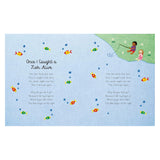 Children's book page showing "Once I Caught a Fish Alive" lyrics with colorful fish illustrations and kids fishing.