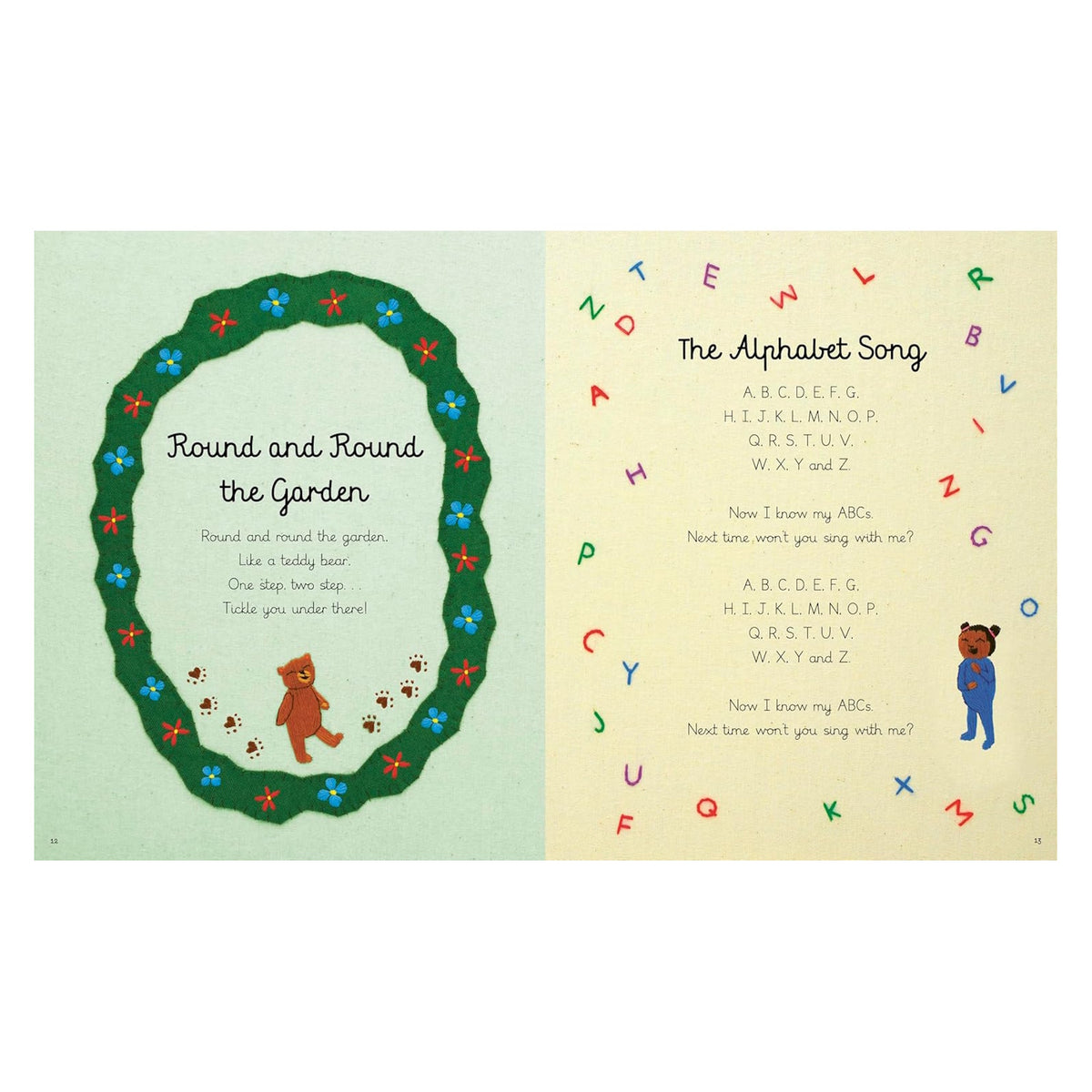 Children's book page featuring "The Alphabet Song" and "Round and Round the Garden" with a teddy bear and colorful letters.