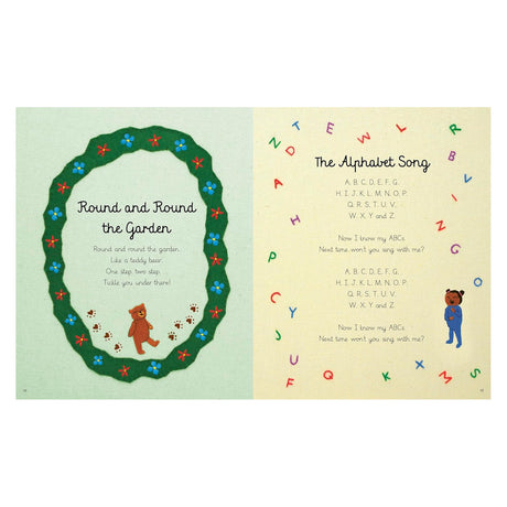 Children's book page featuring "The Alphabet Song" and "Round and Round the Garden" with a teddy bear and colorful letters.