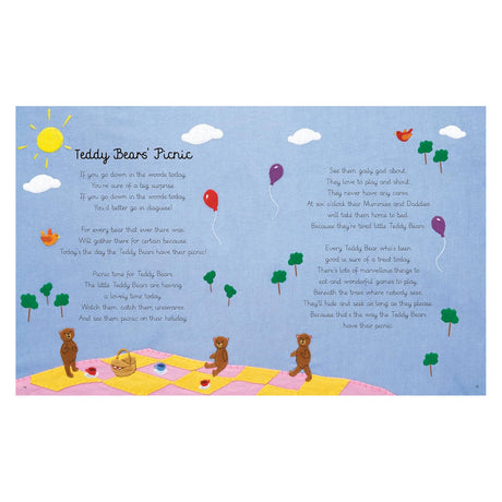 Embroidered teddy bears on a picnic blanket with "Teddy Bears' Picnic" song lyrics on a blue fabric background.