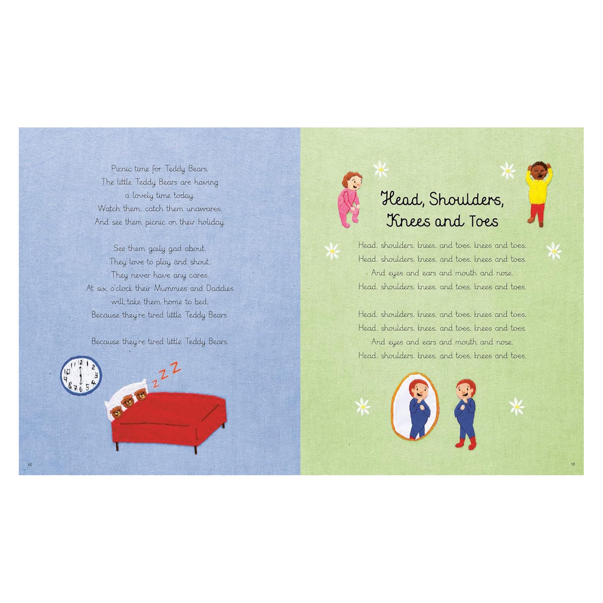 Embroidered book pages featuring nursery rhyme lyrics for Teddy Bears' Picnic and Head, Shoulders, Knees and Toes.