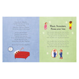 Embroidered book pages featuring nursery rhyme lyrics for Teddy Bears' Picnic and Head, Shoulders, Knees and Toes.