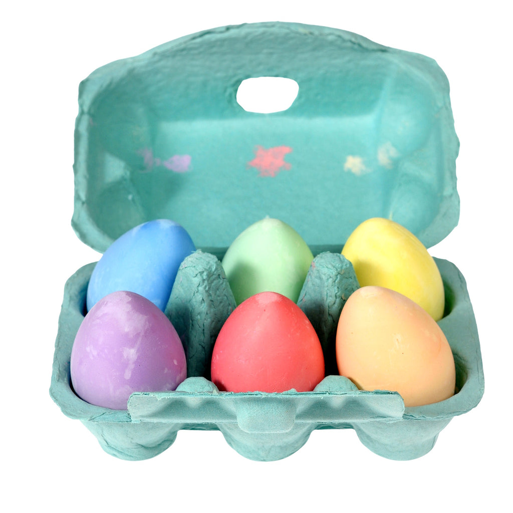 A set of vibrant, egg-shaped chalks in six colors, perfect for creative outdoor drawing and play.