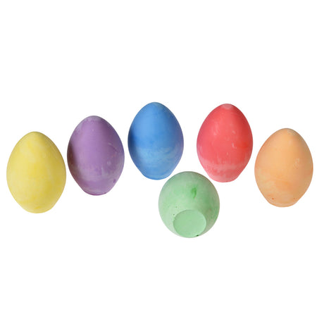 A set of vibrant, egg-shaped chalks in six colors, perfect for creative outdoor drawing and play.