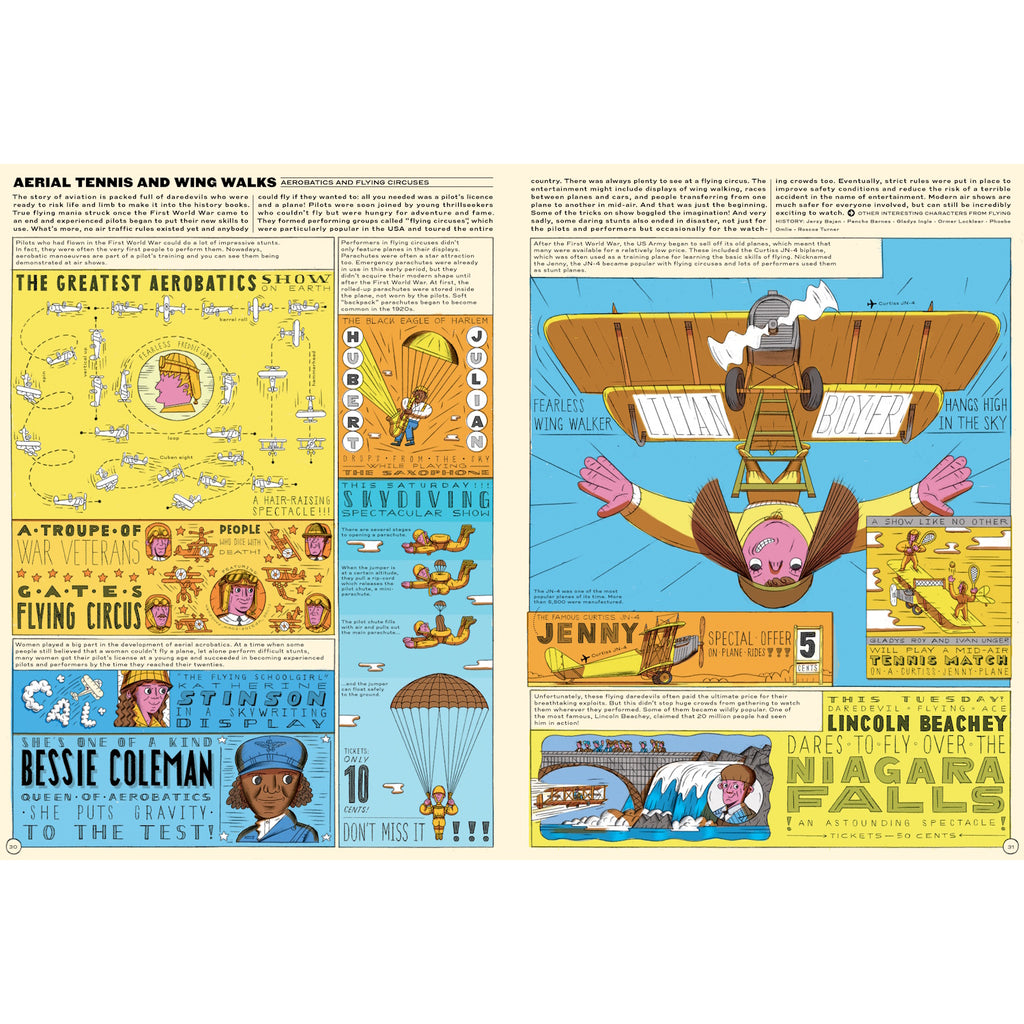 Sky High: A Soaring History of Aviation hardcover children's book, featuring vintage-style illustrations of airplanes in flight—an educational and inspiring journey through the history of aviation, perfect for young readers interested in flight and innovation.