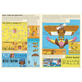 Illustrated history book page about early aviation, stunt pilots, and wing walking.