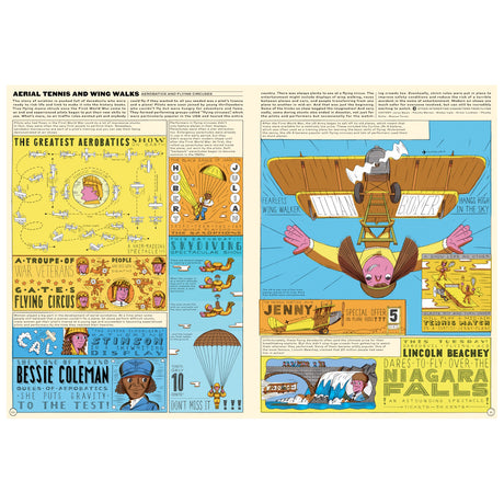 Illustrated history book page about early aviation, stunt pilots, and wing walking.