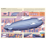 Illustrated book page about Hindenburg airship with diagrams, comic panels, and a large central zeppelin.
