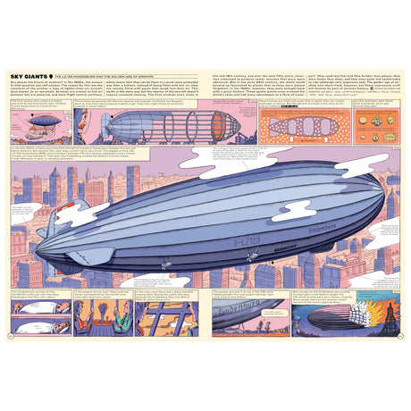 Illustrated book page about Hindenburg airship with diagrams, comic panels, and a large central zeppelin.