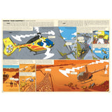 An illustrated book spread detailing modern helicopters, featuring a rescue chopper and a cattle-herding one.