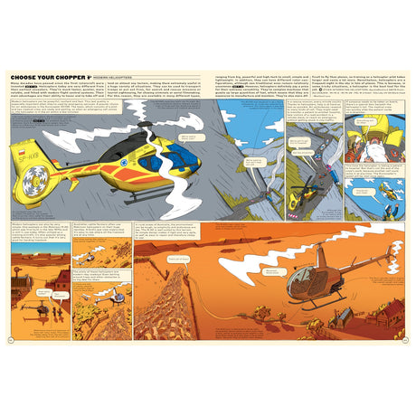 An illustrated book spread detailing modern helicopters, featuring a rescue chopper and a cattle-herding one.