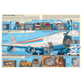 Illustrated cross section of a Cargolux cargo plane being loaded with freight from a children's book.