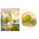 Two illustrated storybook pages showing a green blob in a messy room and text starting with "Here at the end of a well-spent day".