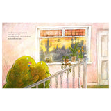 Two green blobs on a stairway by a window with text starting with "For all creatures grim and evil".