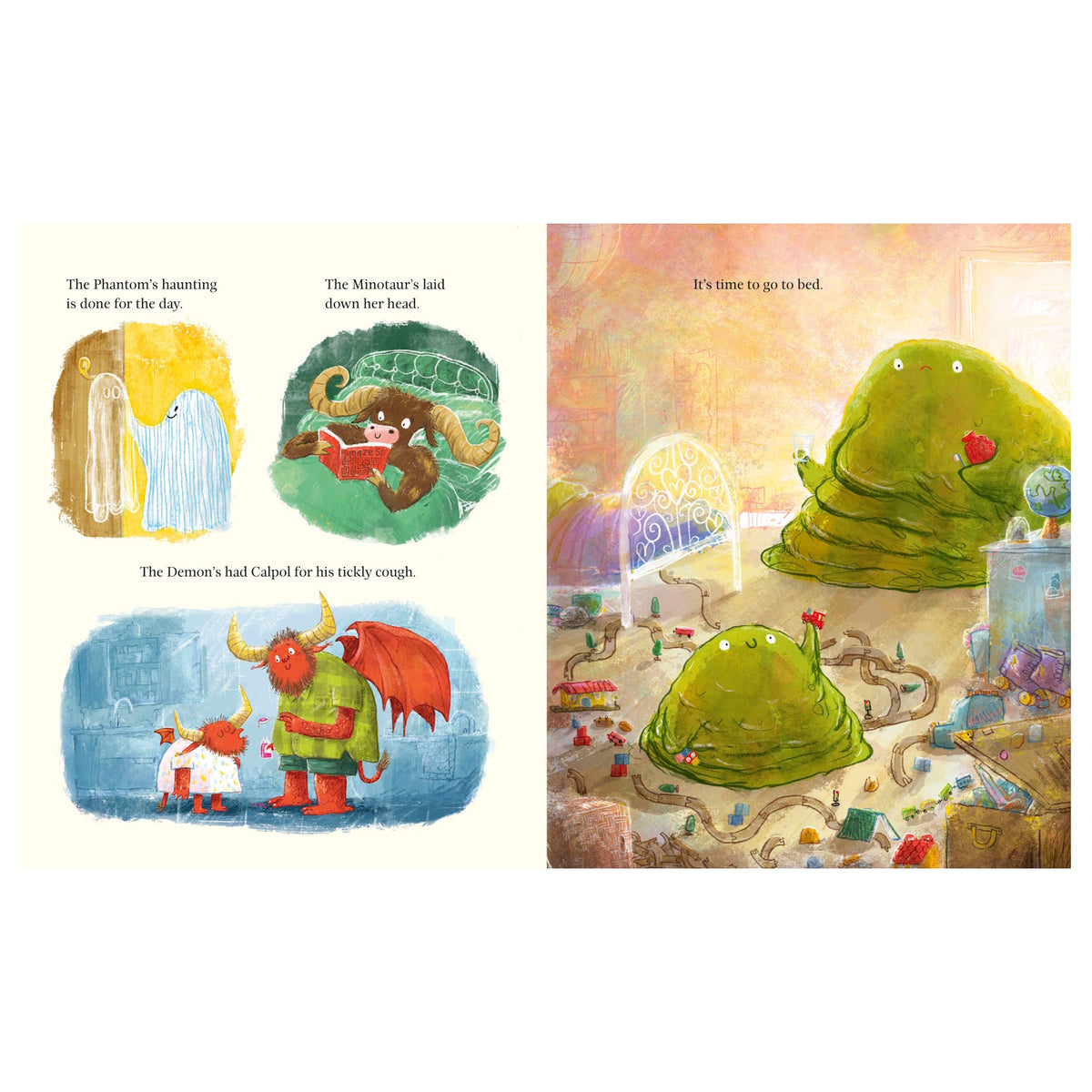 Two green blobs get ready for bed in a messy room, accompanied by illustrations of a phantom, a minotaur, and a demon.