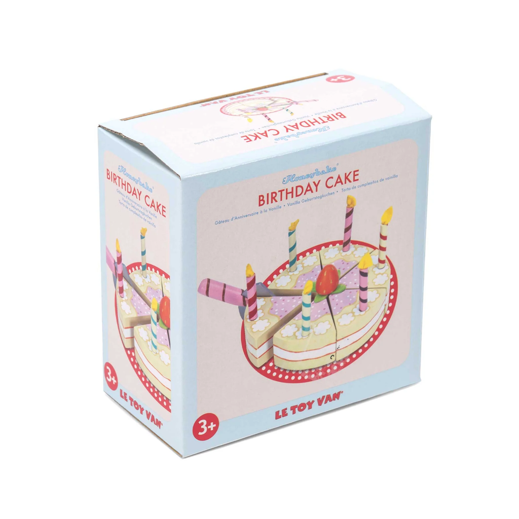 Box packaging for a toy birthday cake from "Le Toy Van," featuring a colorful cake illustration with candles. Suitable for ages 3 and up.