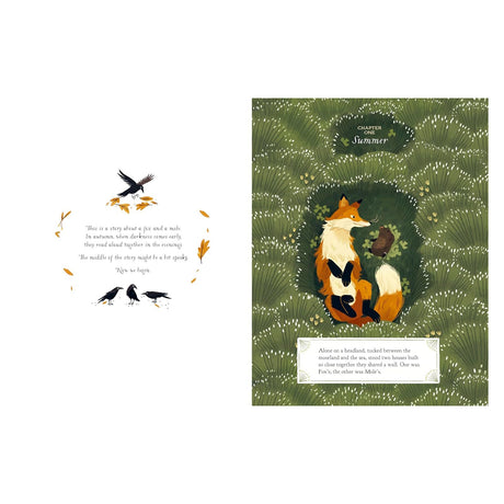Children's book illustration of a fox and mole nestled in green grass, featuring "Chapter One: Summer" story text.