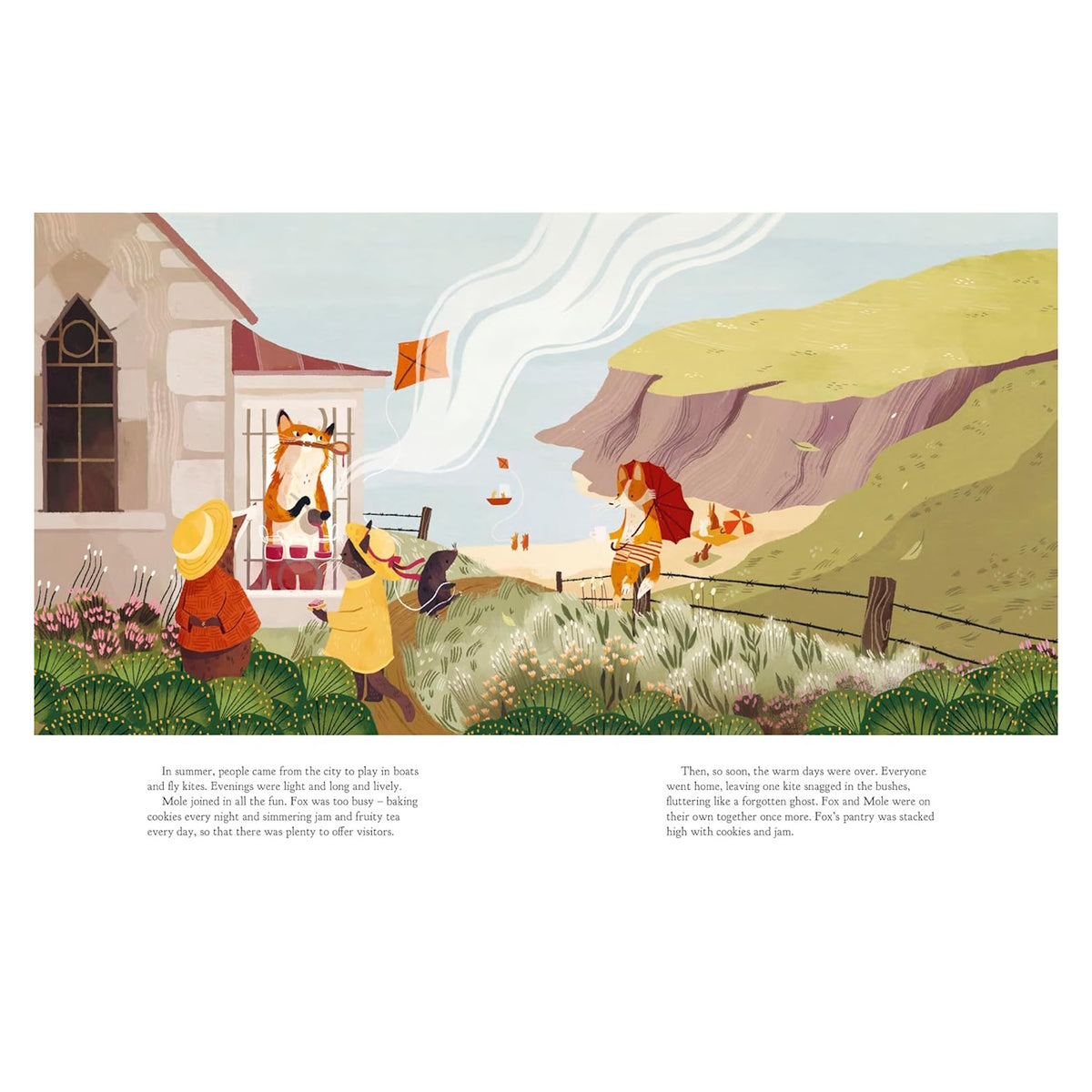 Children's book illustration of a fox serving jam and tea to friends at a coastal cottage overlooking a summer beach.