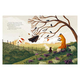 Children's book illustration of a fox and mole hanging laundry on a windy autumn day in a moorland landscape.