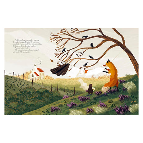 Children's book illustration of a fox and mole hanging laundry on a windy autumn day in a moorland landscape.