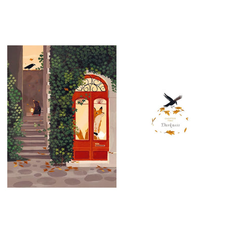 Children's book illustration for Chapter Two: Darkness, featuring a fox in a red door and a mole with a lantern.