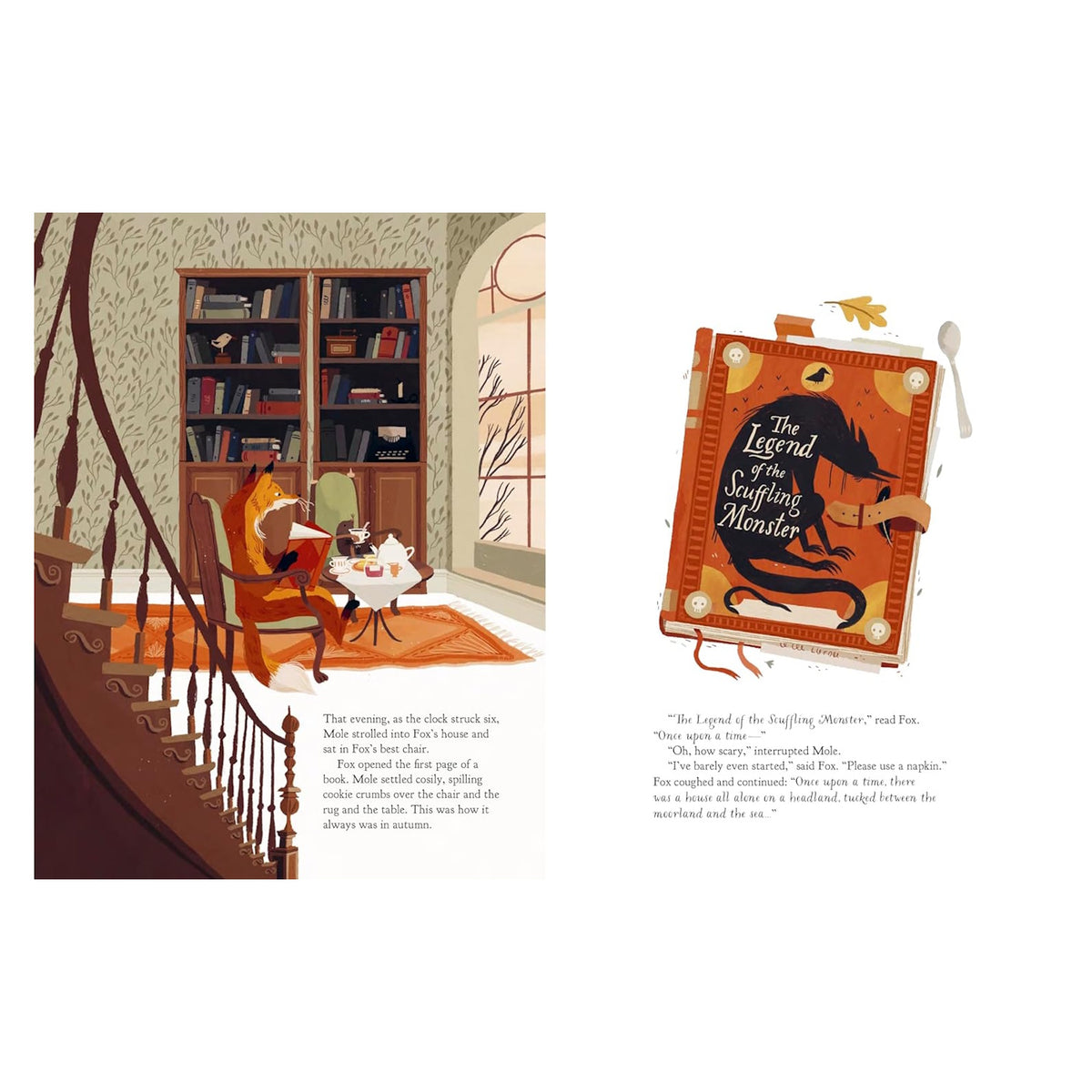 Illustration of a fox reading a book in a cozy library with a bookshelf and staircase.